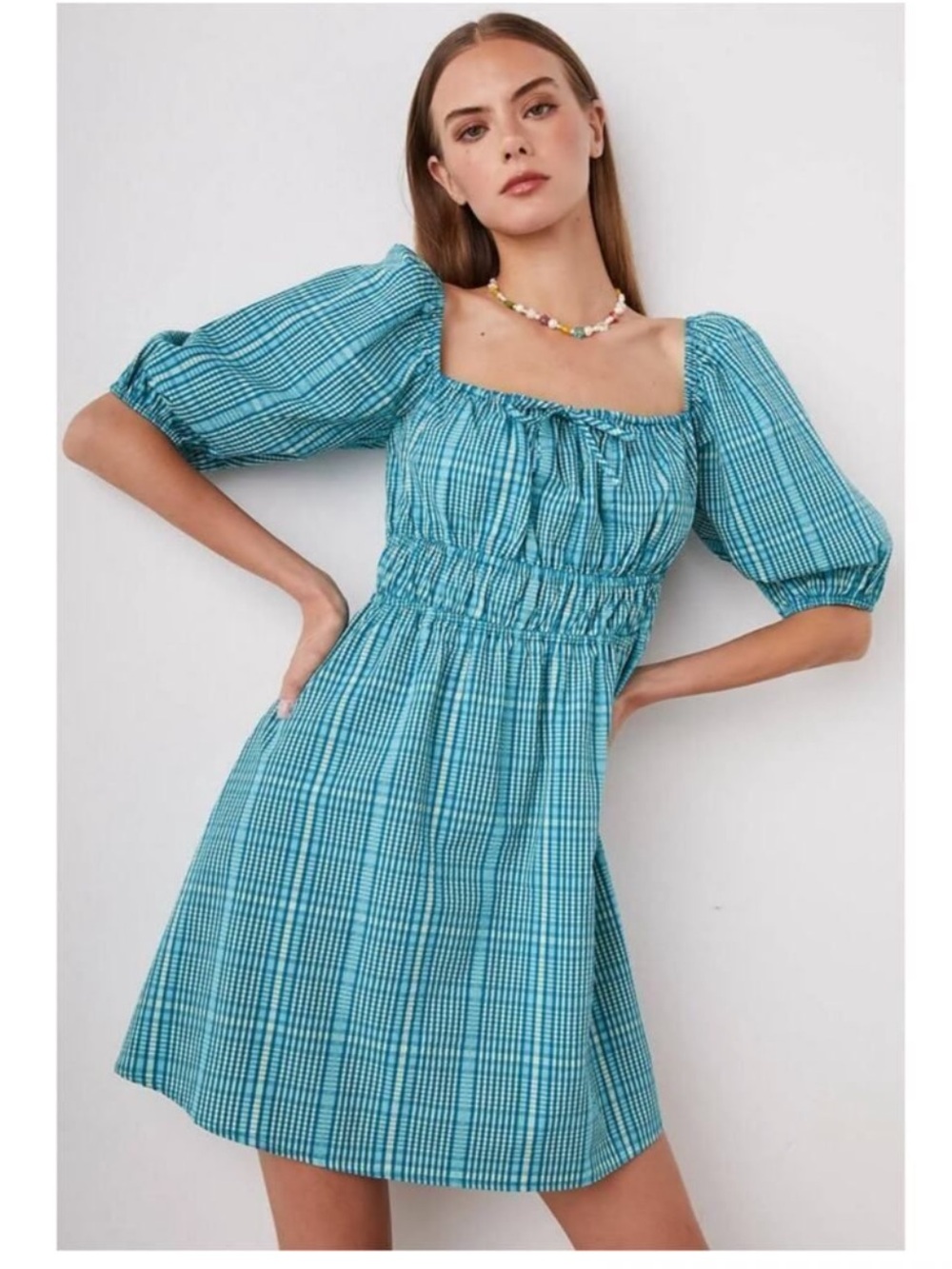 Rails Brenda Augusta Mini Check Teal Cotton blend Mini Dress Size Large
